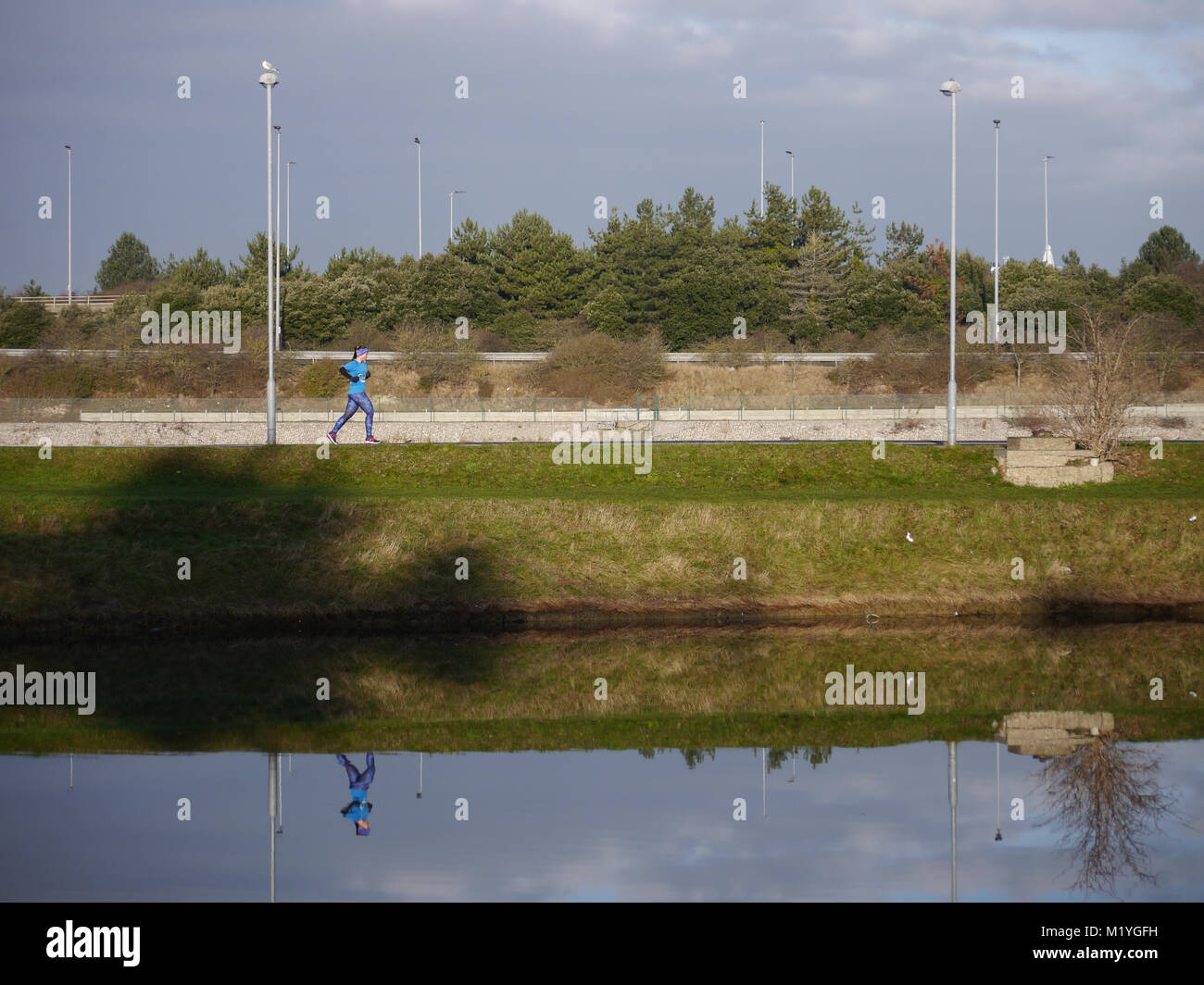 A jogger runs alongside a coastal path in a public park Stock Photo