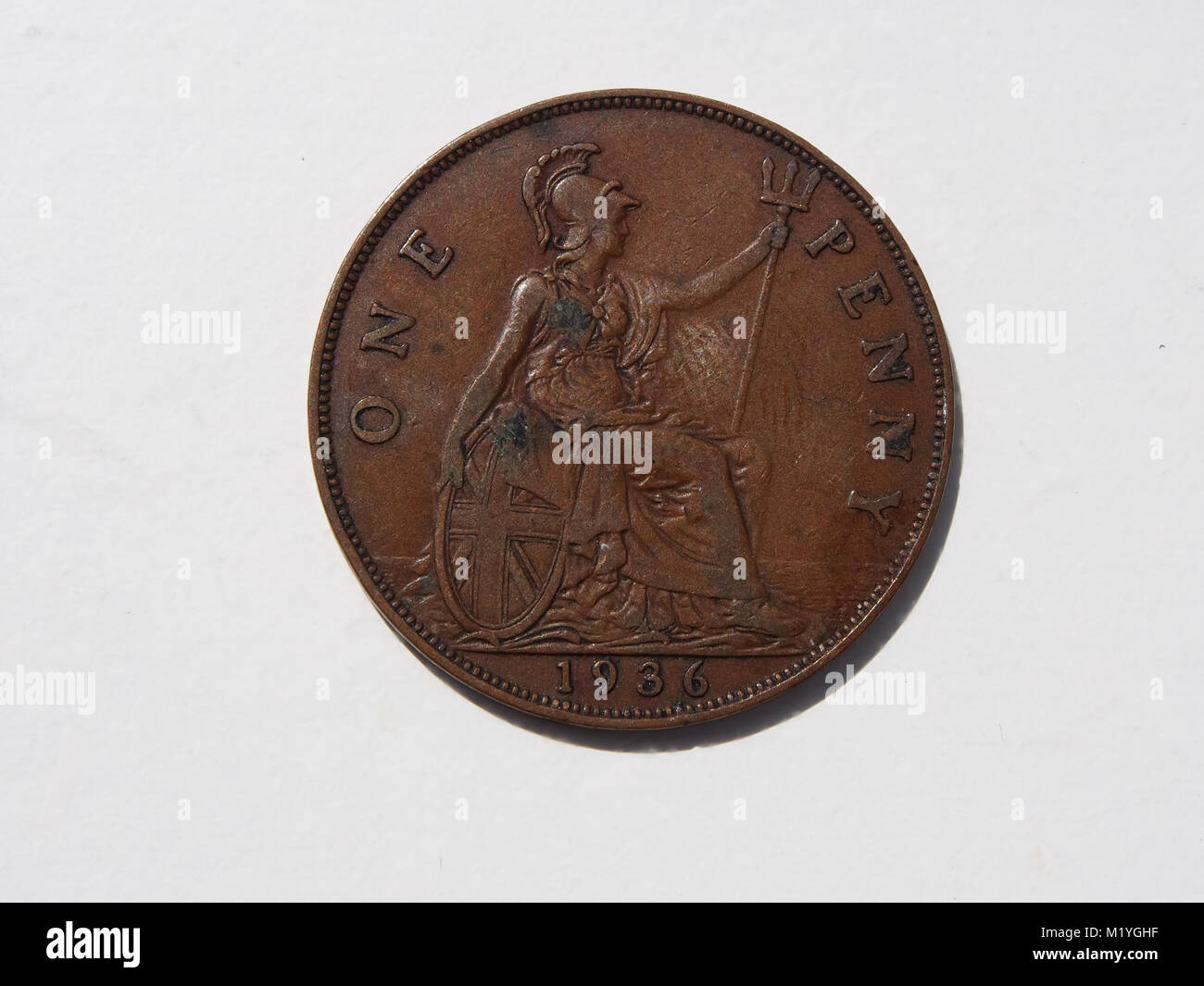 A 1936 British one Penny coin showing Brittania Stock Photo