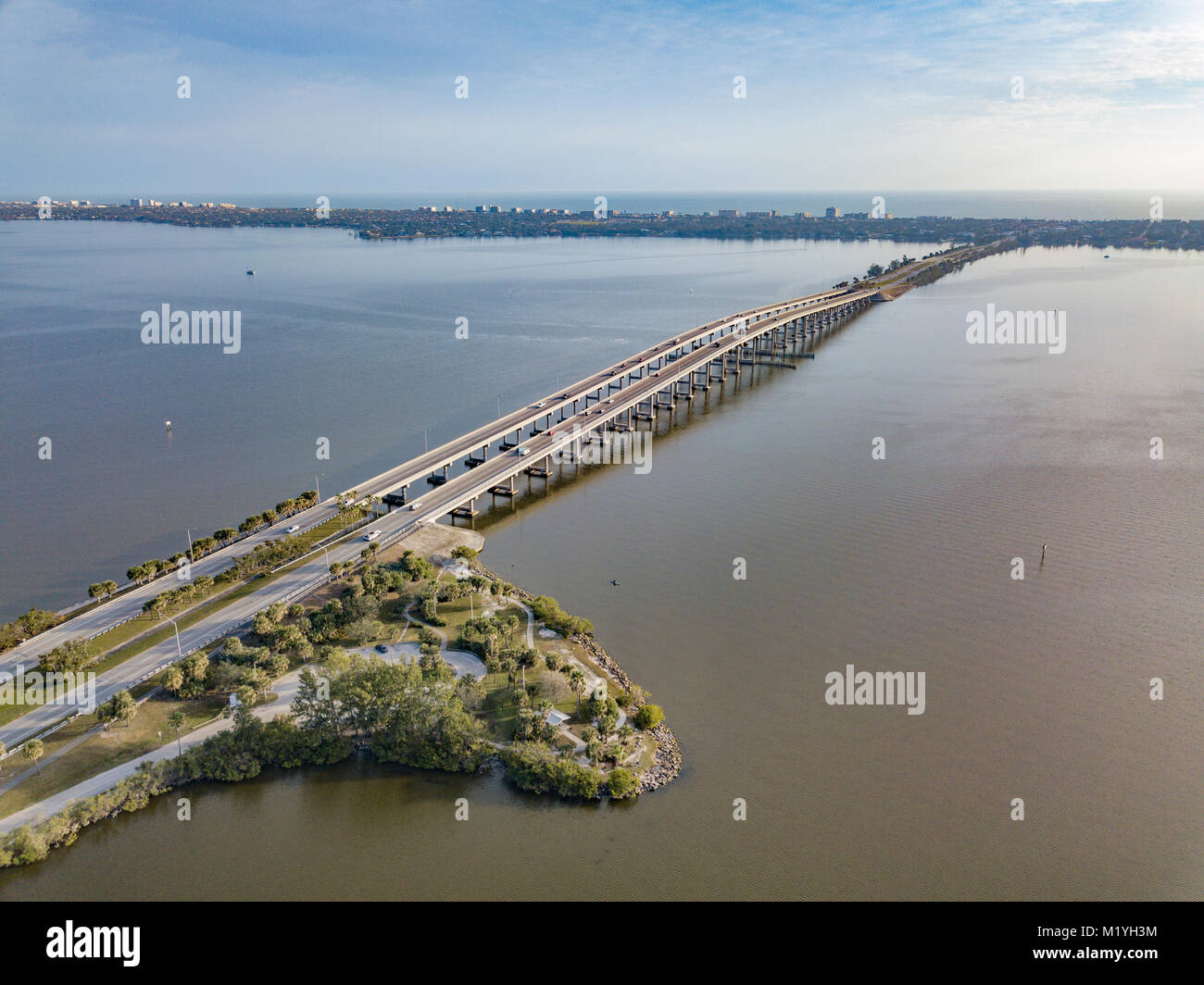 The Melbourne Causeway is a bridge that connects the mainland and downtown Melbourne to the barrier island beaches Stock Photo
