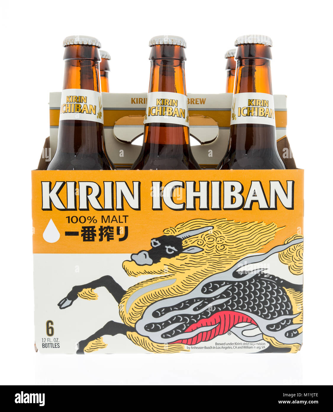 Winneconne, WI - 31 January 2018: A six pack of Kirin Ichiban malt beer on an isolated background. Stock Photo