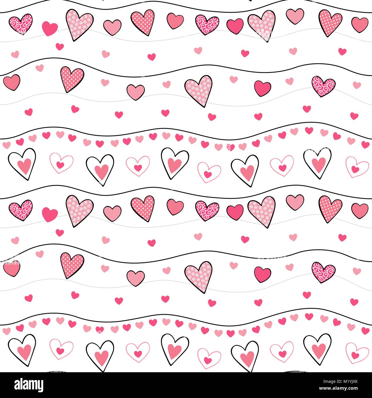 seamless pattern with ornamented sweet hearts in white background ...