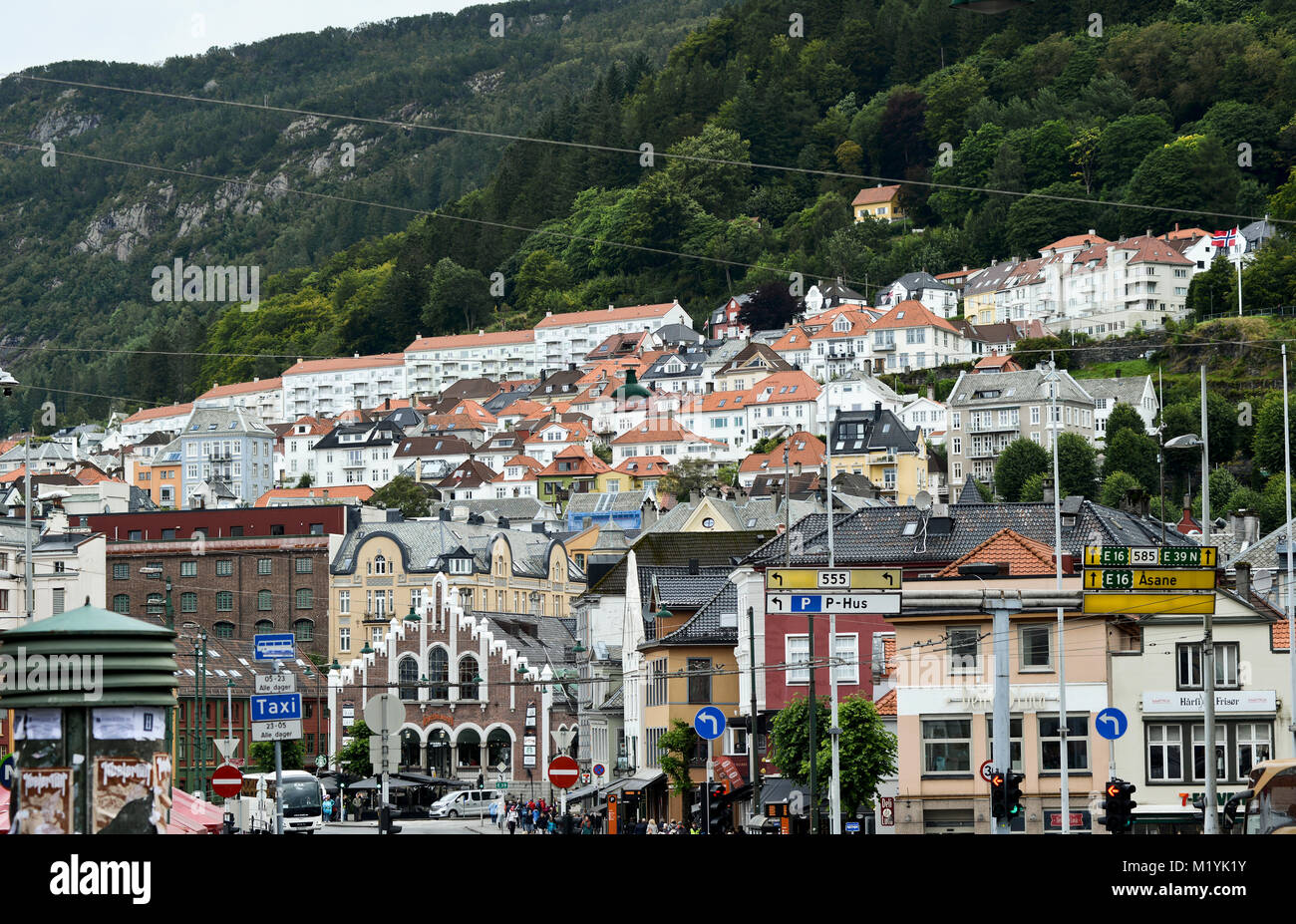 Skyline of the city of Bergen (Norway), with Floyen Mountain on the background Stock Photo