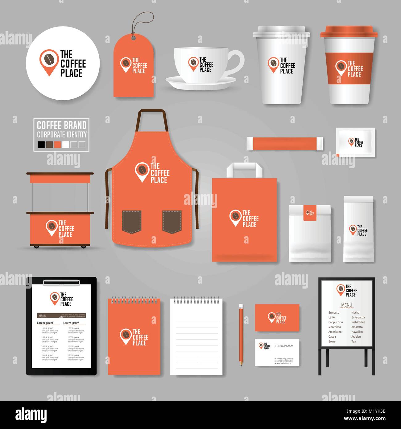 Corporate identity template. Logo concept for coffee shop, cafe, restaurant. Realistic mock up template set of menu, package, cup, apron, bag, tag, ca Stock Vector