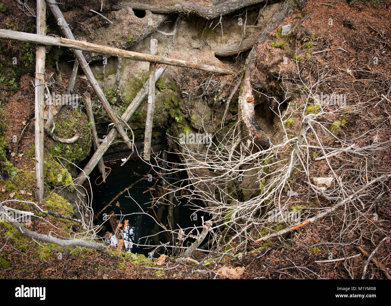 A waterfilled, abandoned vertical gold mine shaft at Ghost Town