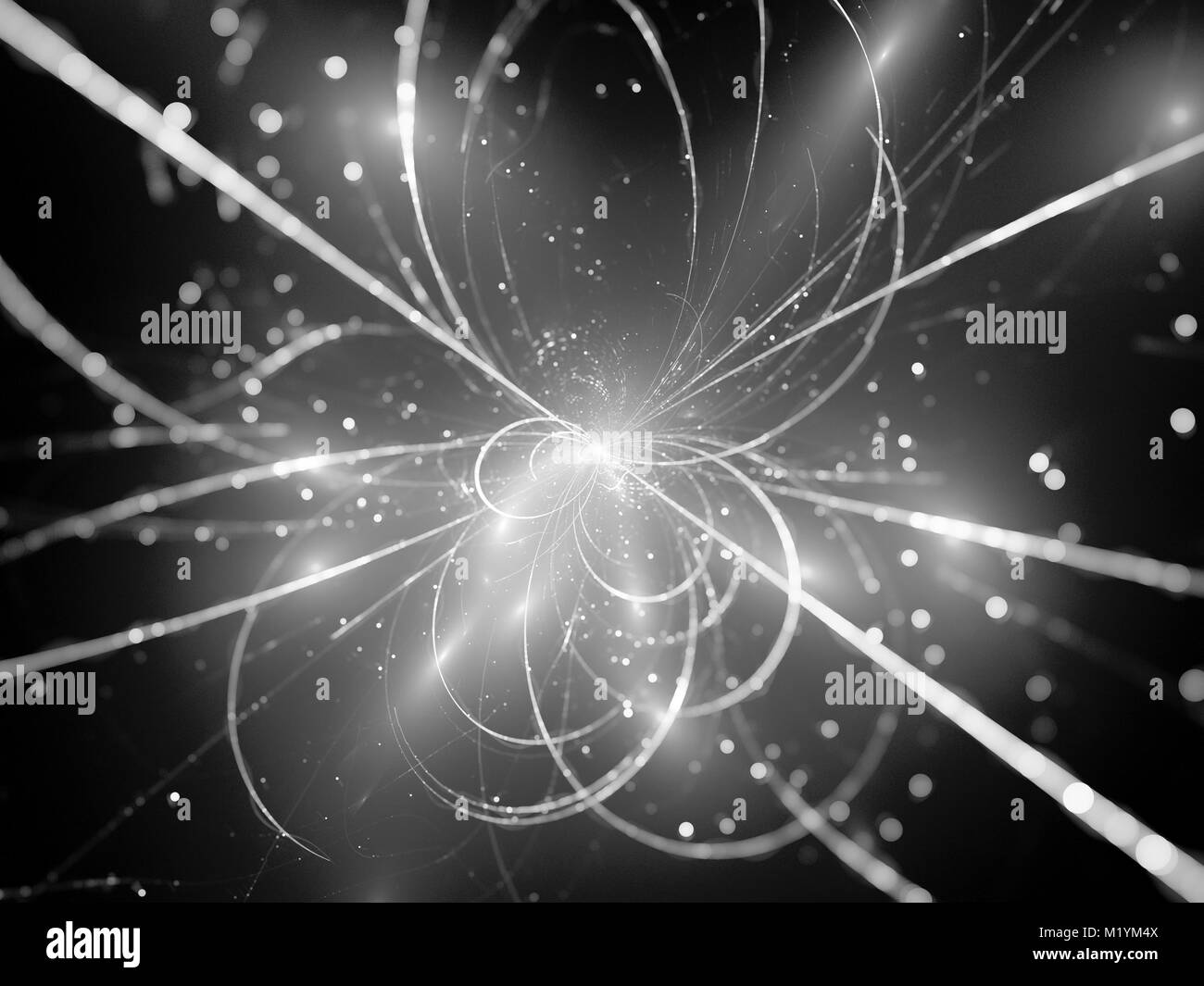 Glowing trajectories in space, computer generated abstract black and white texture, 3D rendering Stock Photo