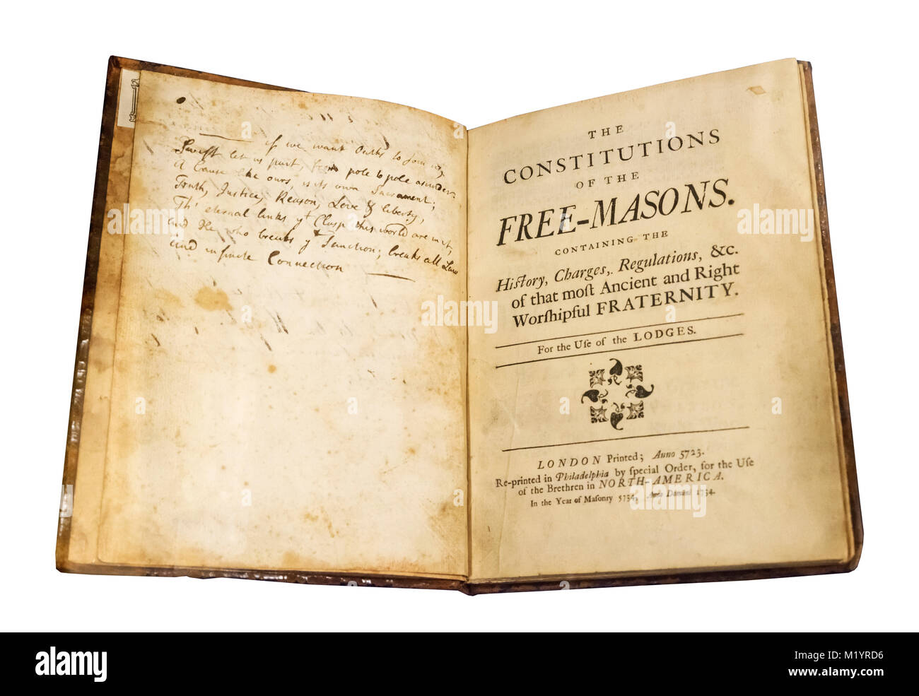 A 1734 edition of the constitution of the Freemasons by James Anderson, published in Philadelphia by Benjamin Franklin. Stock Photo