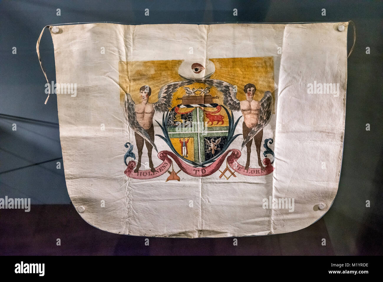 Freemason’s apron dating from around 1800, with the coat of arms of the Antients Grand Lodge. Stock Photo
