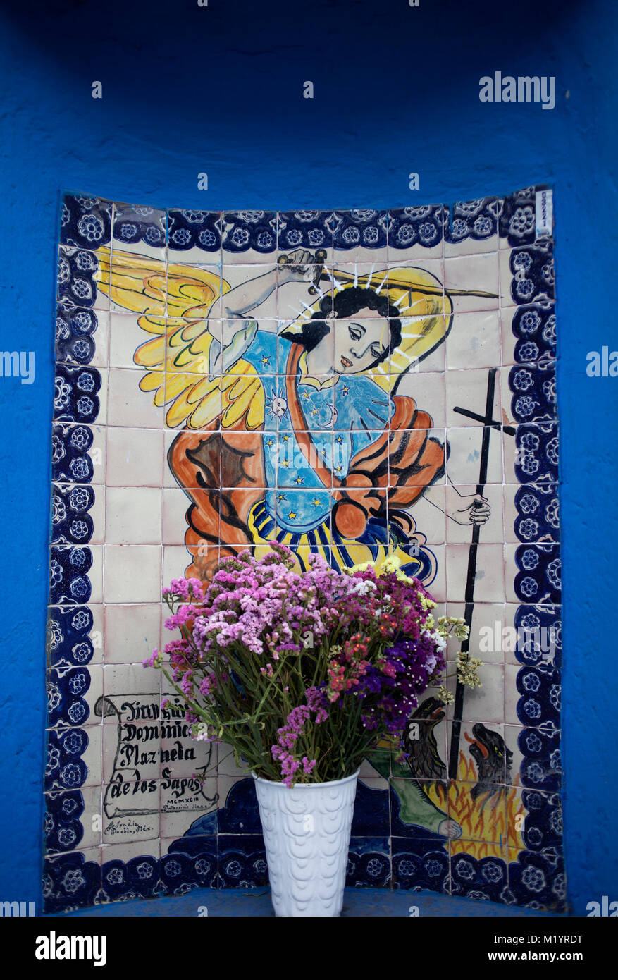 Ceramic tiles with the image of Saint Michael Arcángel decorate Plaza de los Sapos in Puebla de los Angeles, Mexico Stock Photo