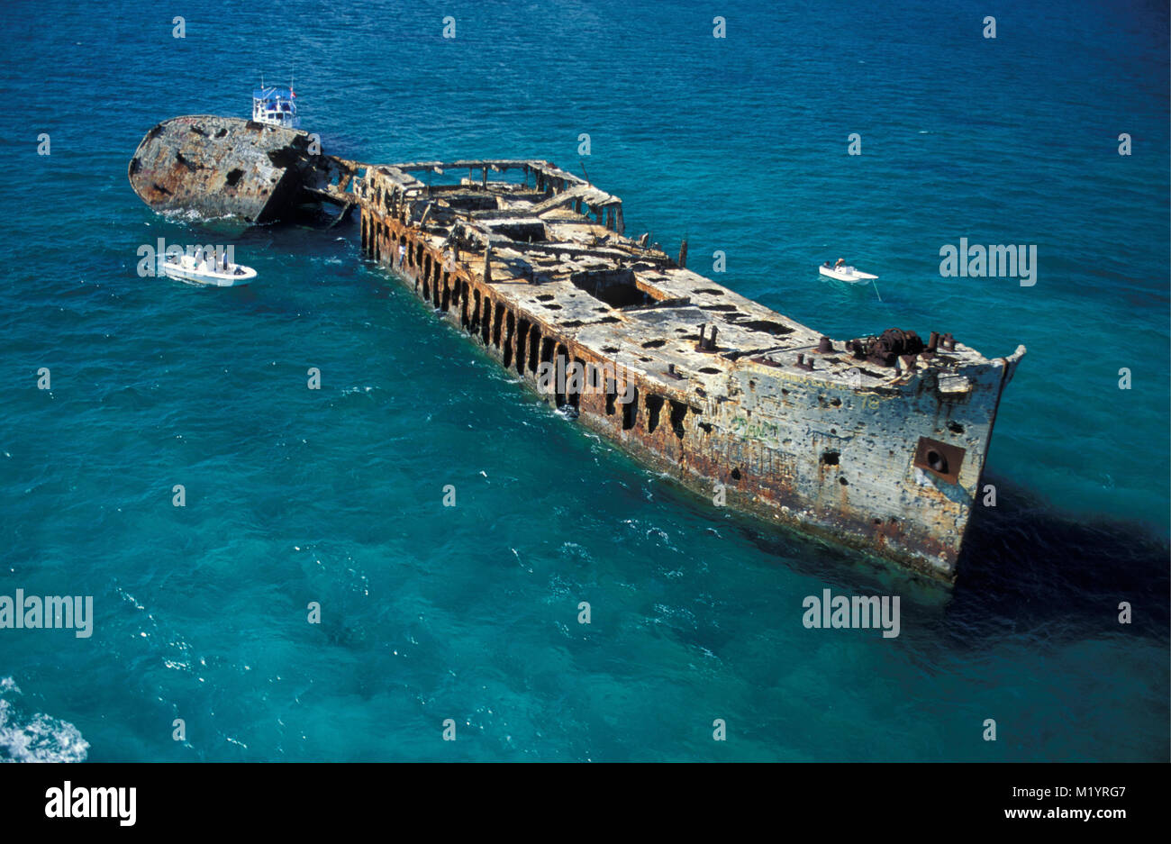 The Bahamas. Bimini Islands. Caribbean island. Ship wreck. Aerial. Stock Photo