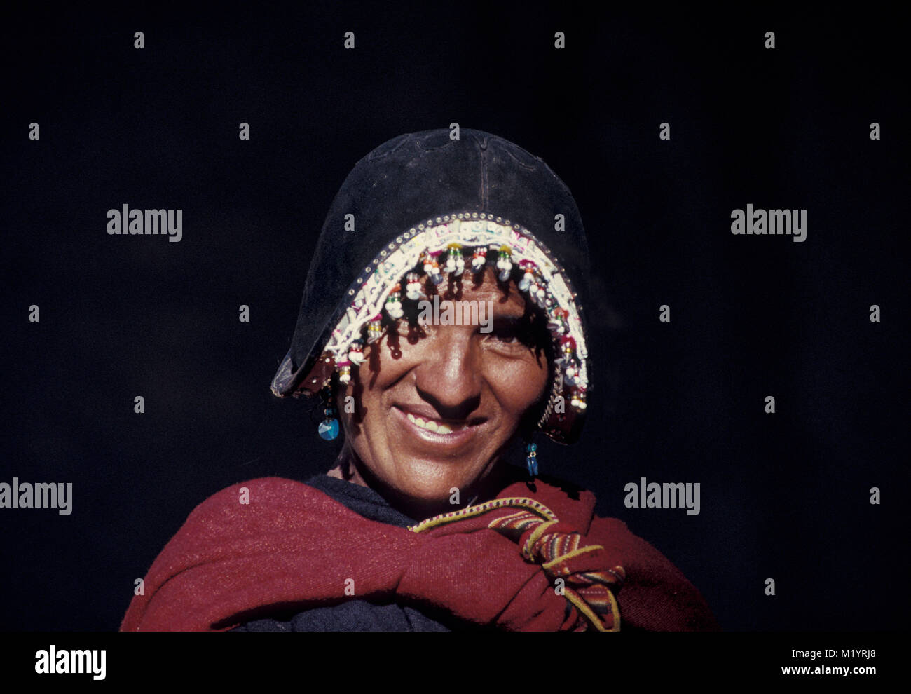 Bolivia. Tarabuco. Indian man in Mock Conquistador Helmet. Stock Photo