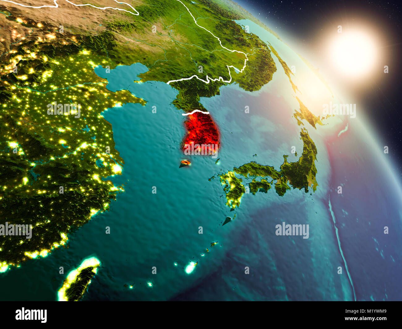 Sunset above South Korea from space on planet Earth with visible ...