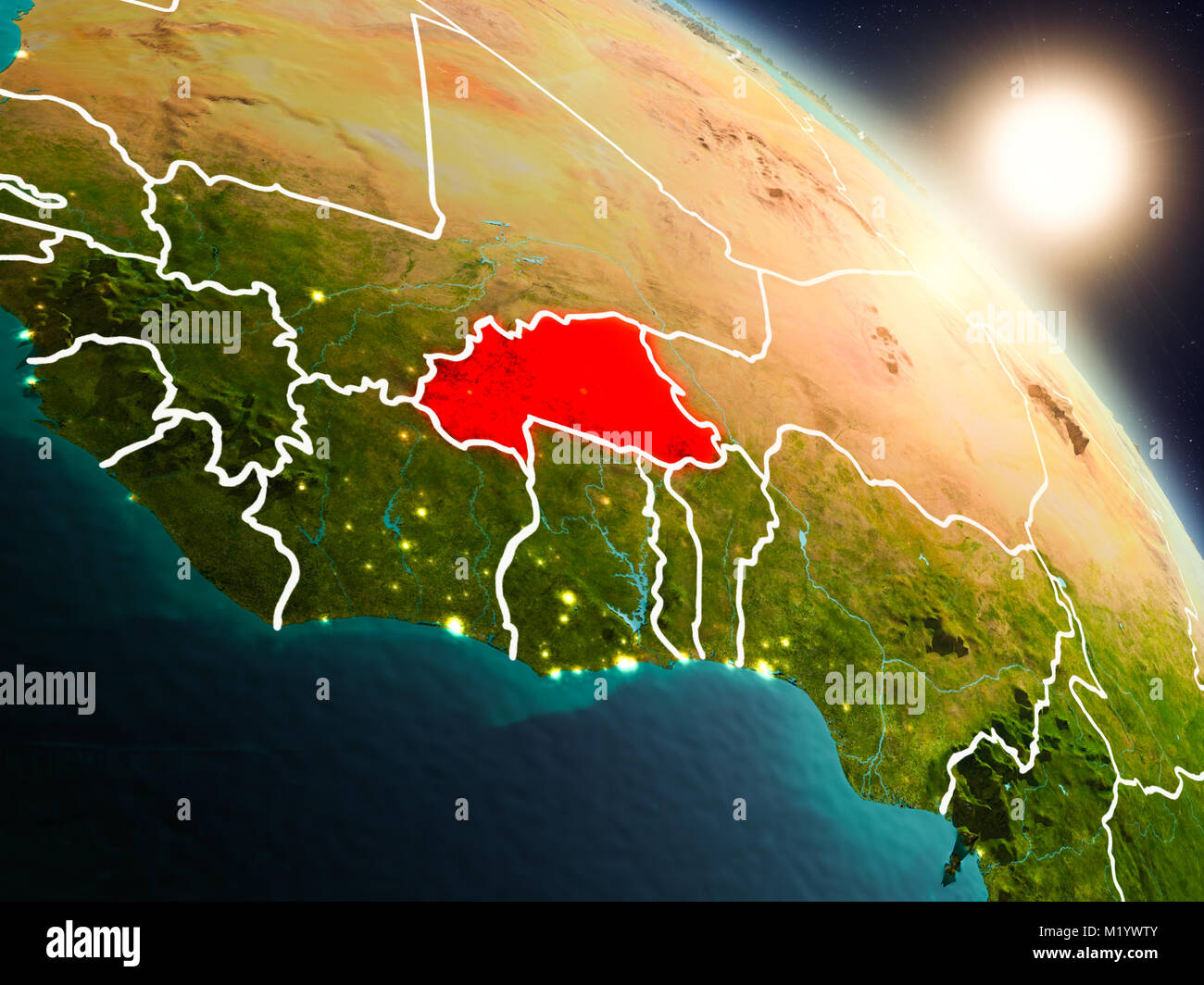 Sunset above Burkina Faso from space on planet Earth with visible