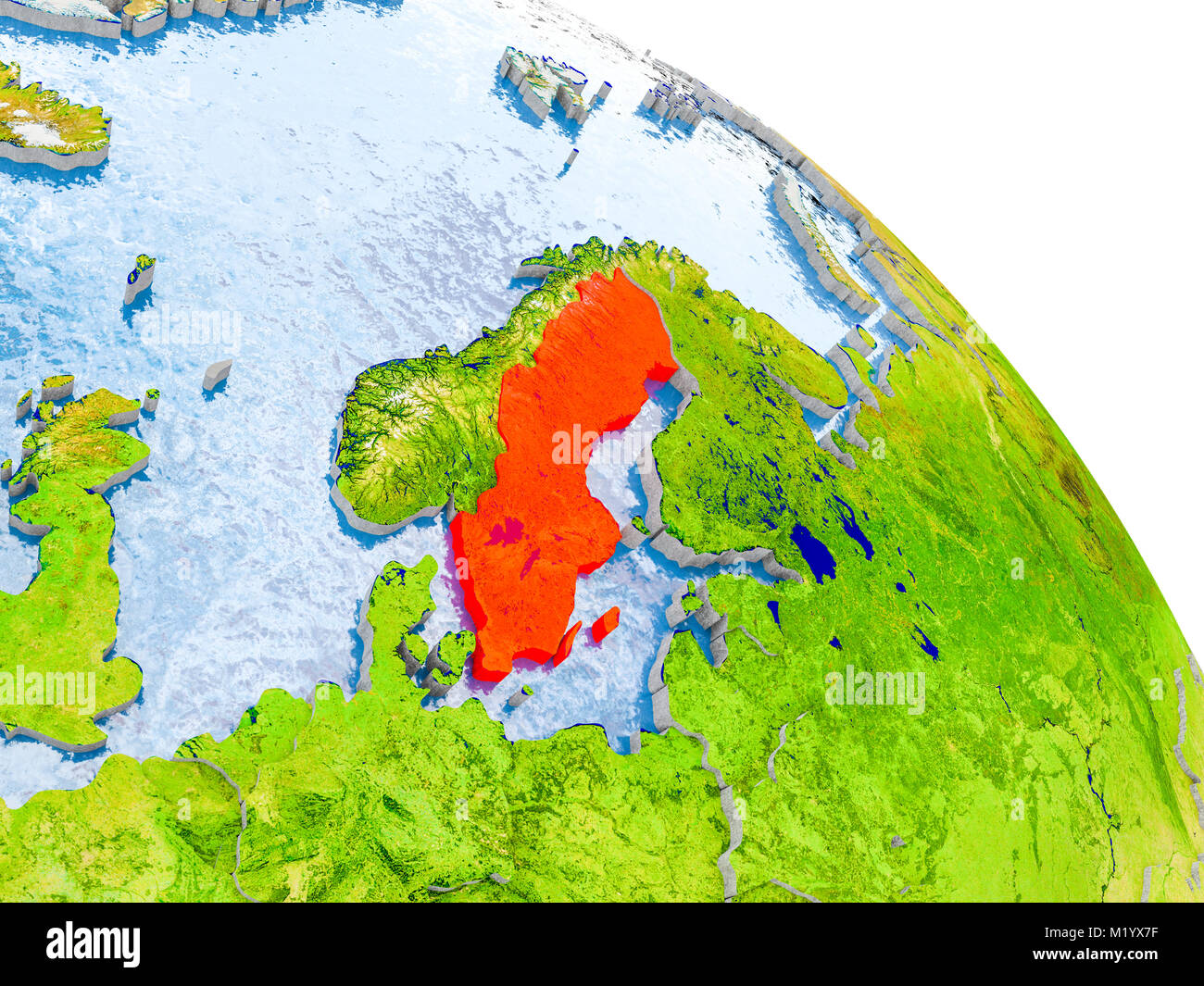 Illustration of Sweden highlighted in red on glob with realistic ...