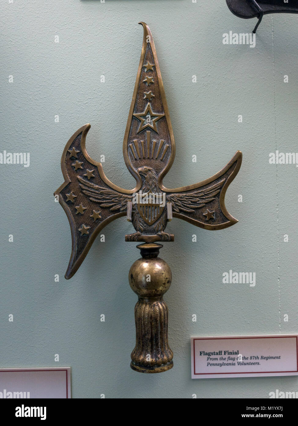 Flagstaff Finial from a Civil War era flag on display inside the Visitors Center, Monocacy National Battlefield, Frederick, MD, USA. Stock Photo