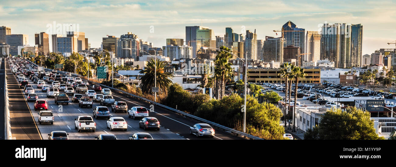 san diego skyline Interstate 5 rush hour traffic at night Stock Photo