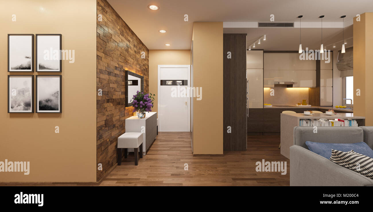 3d illustration of a panorama of the interior of the living room, hall ...