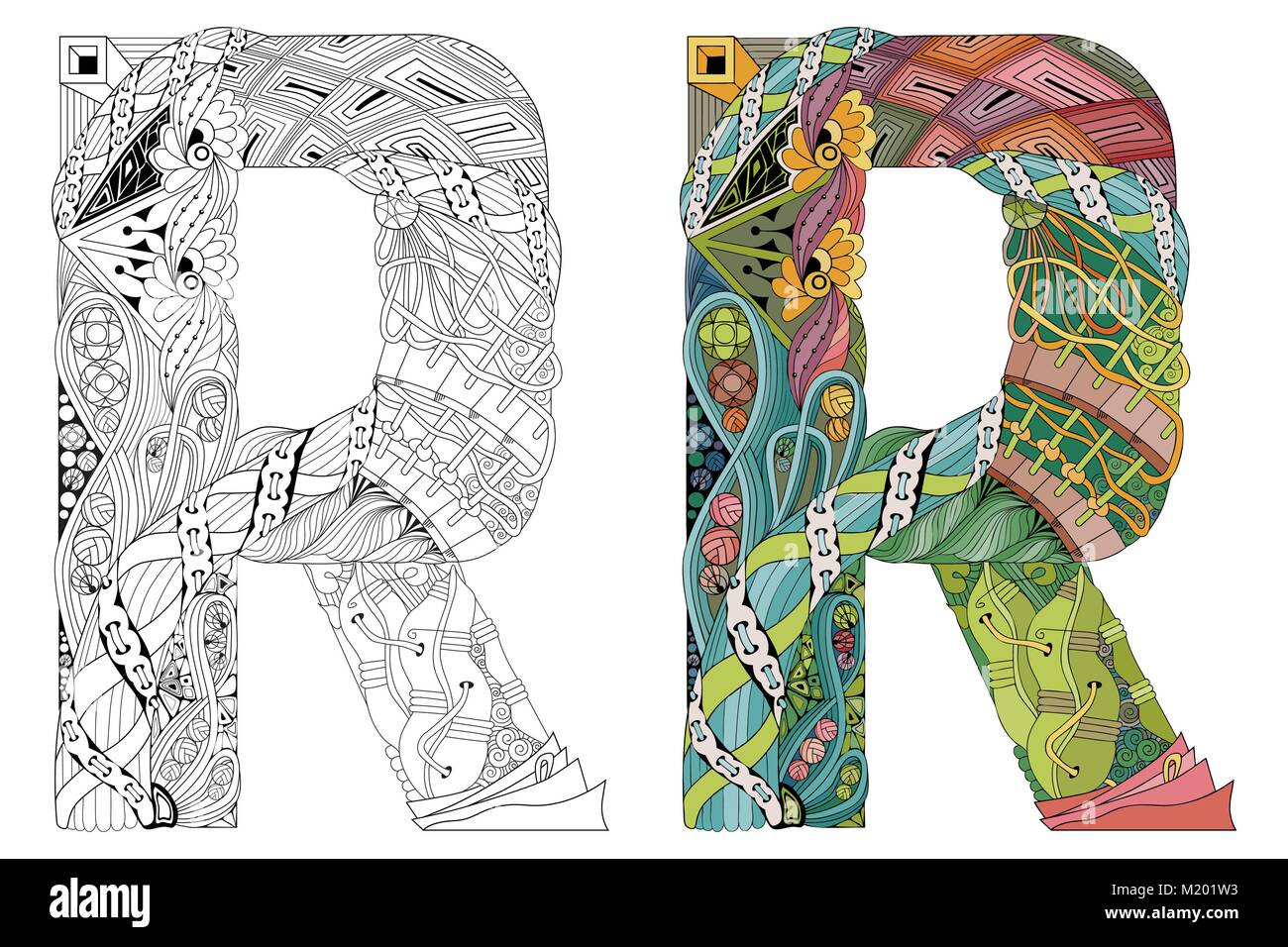 Hand-painted art design. Letter R zentangle objects. Colored and ...