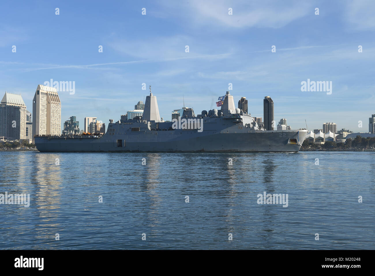 SAN DIEGO (Feb. 2, 2018) The amphibious transport dock ship USS San Diego (LPD 22) transits San Diego Bay while returning to its Naval Base San Diego homeport following their first operational deployment. America, part of the America Amphibious Ready Group, with embarked 15th Marine Expeditionary Unit, is returning from a regularly scheduled deployment to the Western Pacific and Middle East. The U.S. Navy has patrolled the Indo-Pacific region routinely for more than 70 years promoting peace and security. (U.S. Navy photo by Melissa K. Russell/Released) Stock Photo