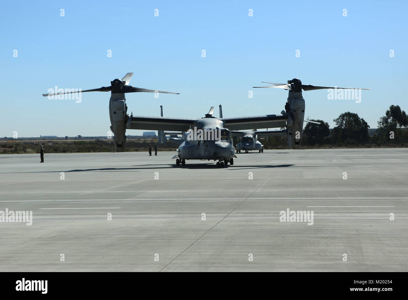 Marine Medium Tiltrotor Squadron (VMM) 161 (Reinforced) Ospreys return from the 15th Marine Expeditionary Unit at MCAS Miramar, Calif., Feb. 1. During the deployment, more than 4,500 Marines and Sailors of the America Amphibious Readiness Group and embarked 15th MEU conducted maritime security operations and multiple military-to-military exchanges with partner nations in support of regional security, stability and the free flow of maritime commerce in the Indo-Asia-Pacific and Middle East regions. (U.S. Marine Corps photo by Sgt. David Bickel/Released) Stock Photo