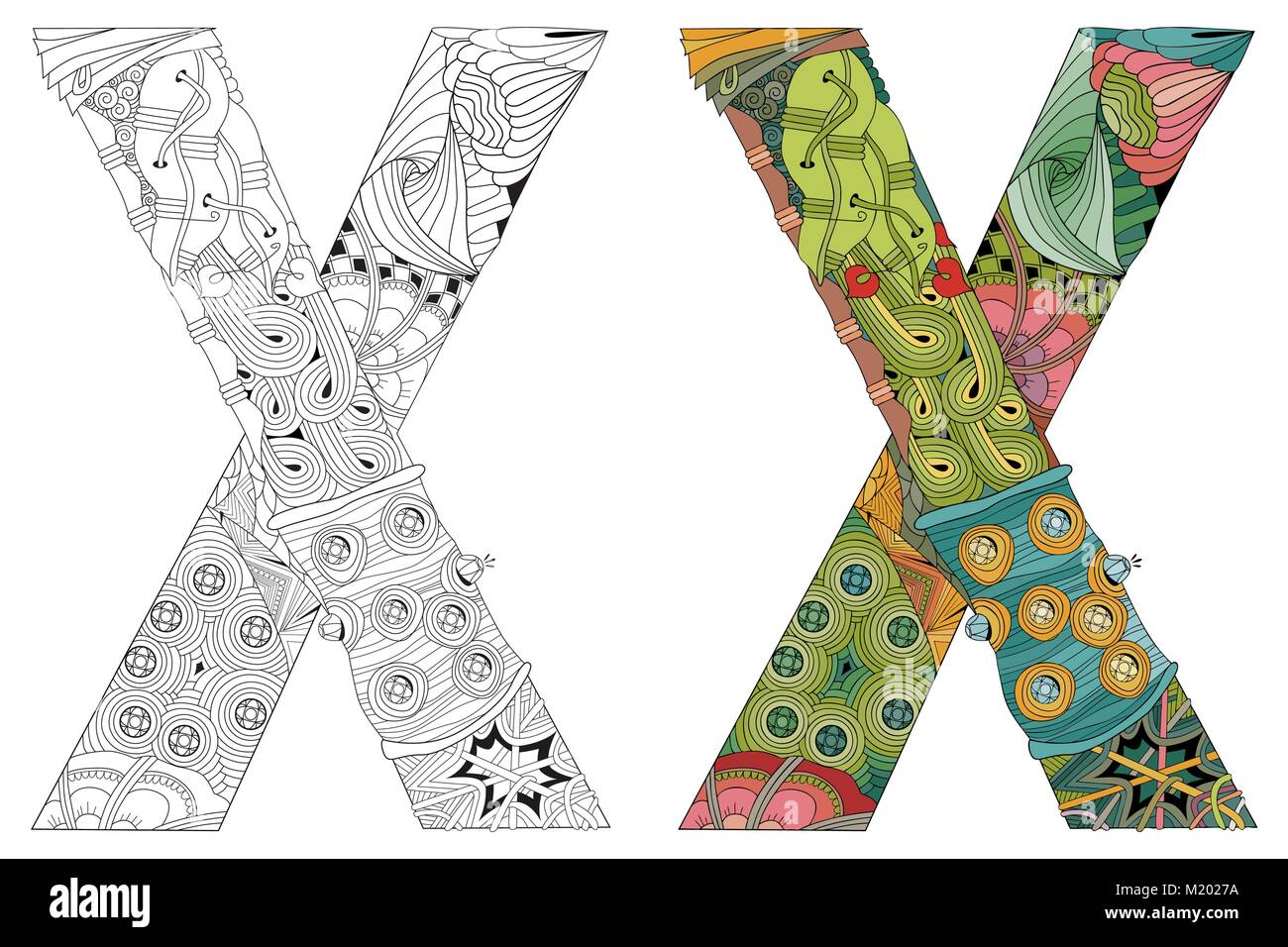 Hand-painted art design. Letter X zentangle objects. Colored and outline set Stock Vector