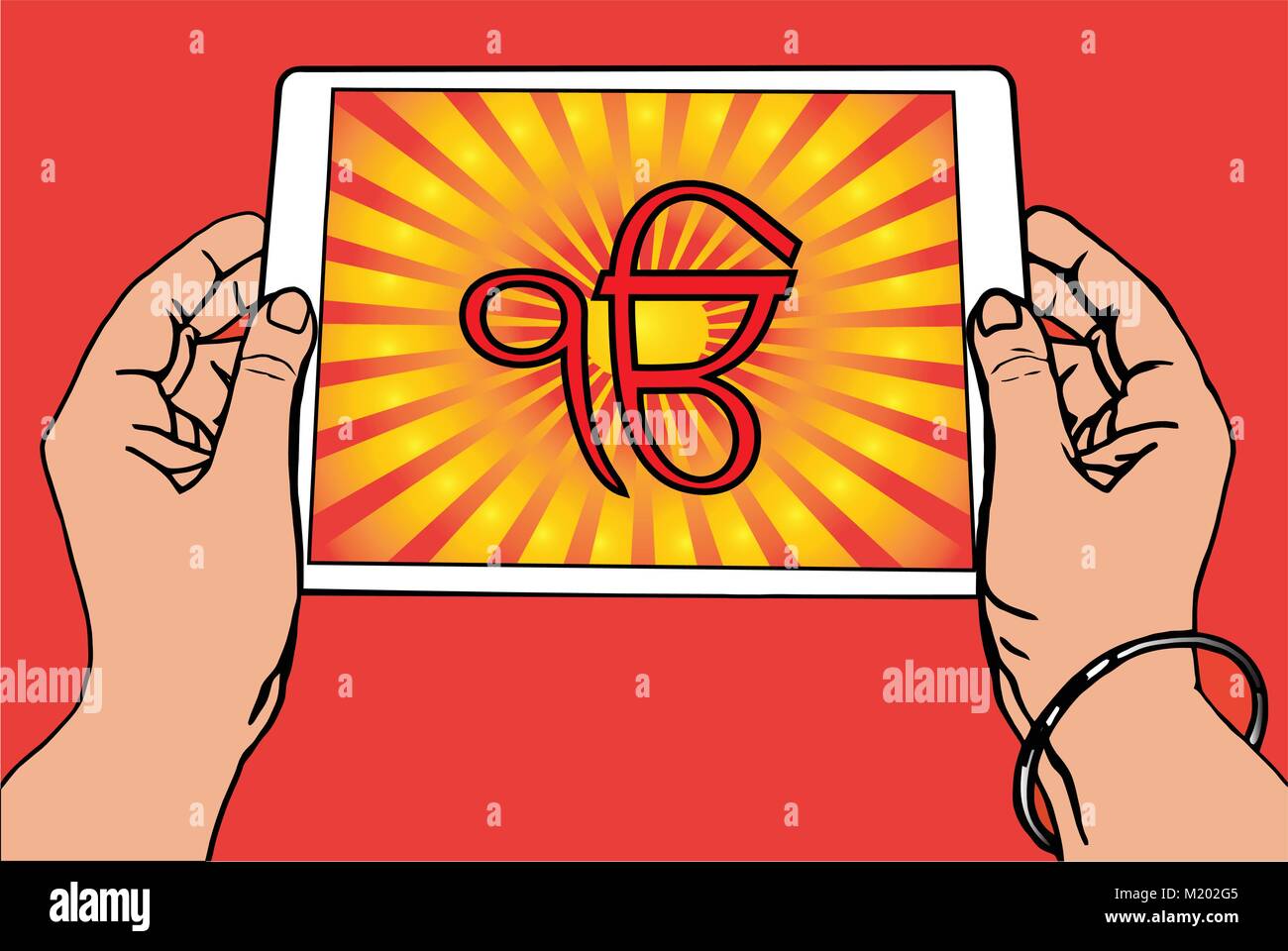 Hands holding a tablet on which the Ek Onkar is the symbol of Sikhism. Red  and gold gradient rays, red background. Vector Stock Vector Image & Art -  Alamy