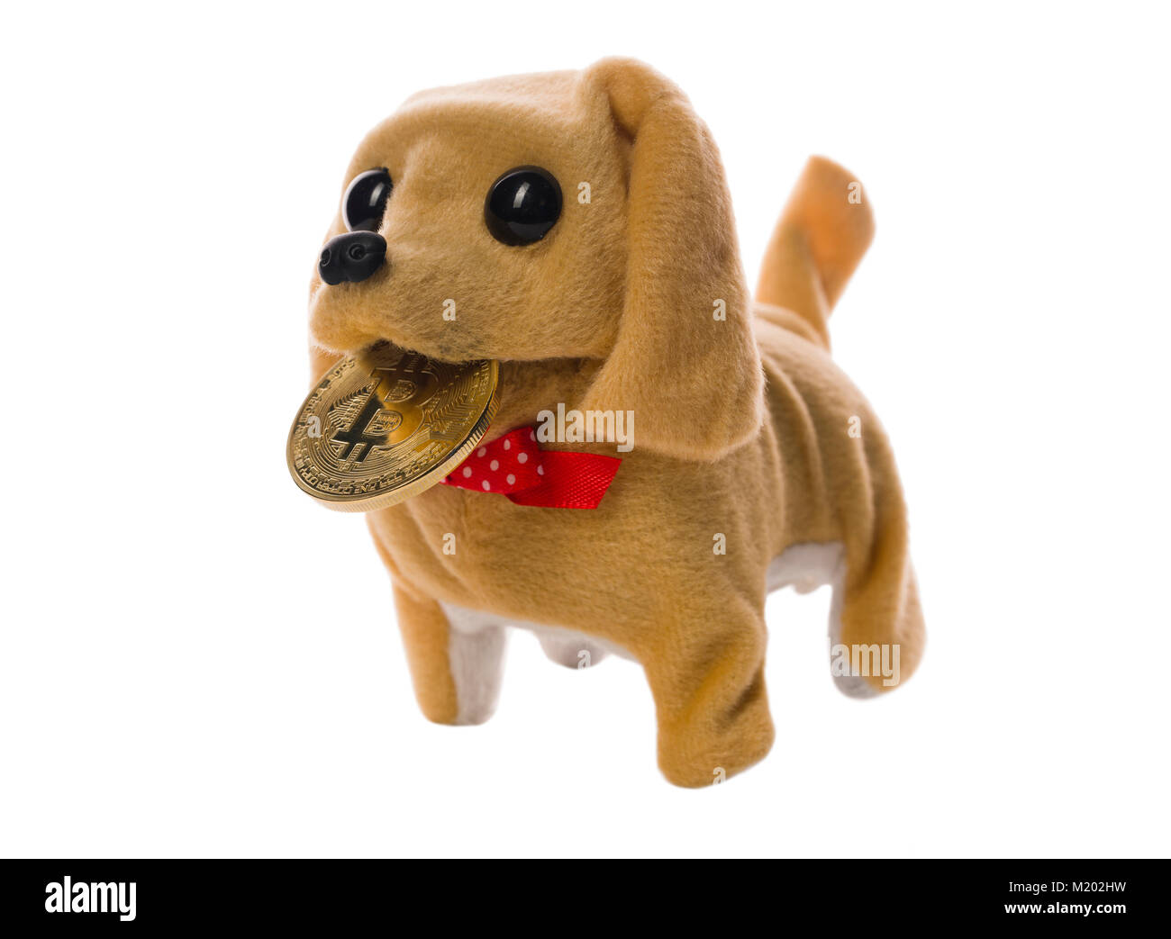 Lovely toy-puppy with golden bitcoin shot on white Stock Photo