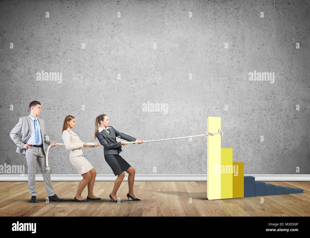 Businessteam working in collaboration pulling graph with rope as symbol ...