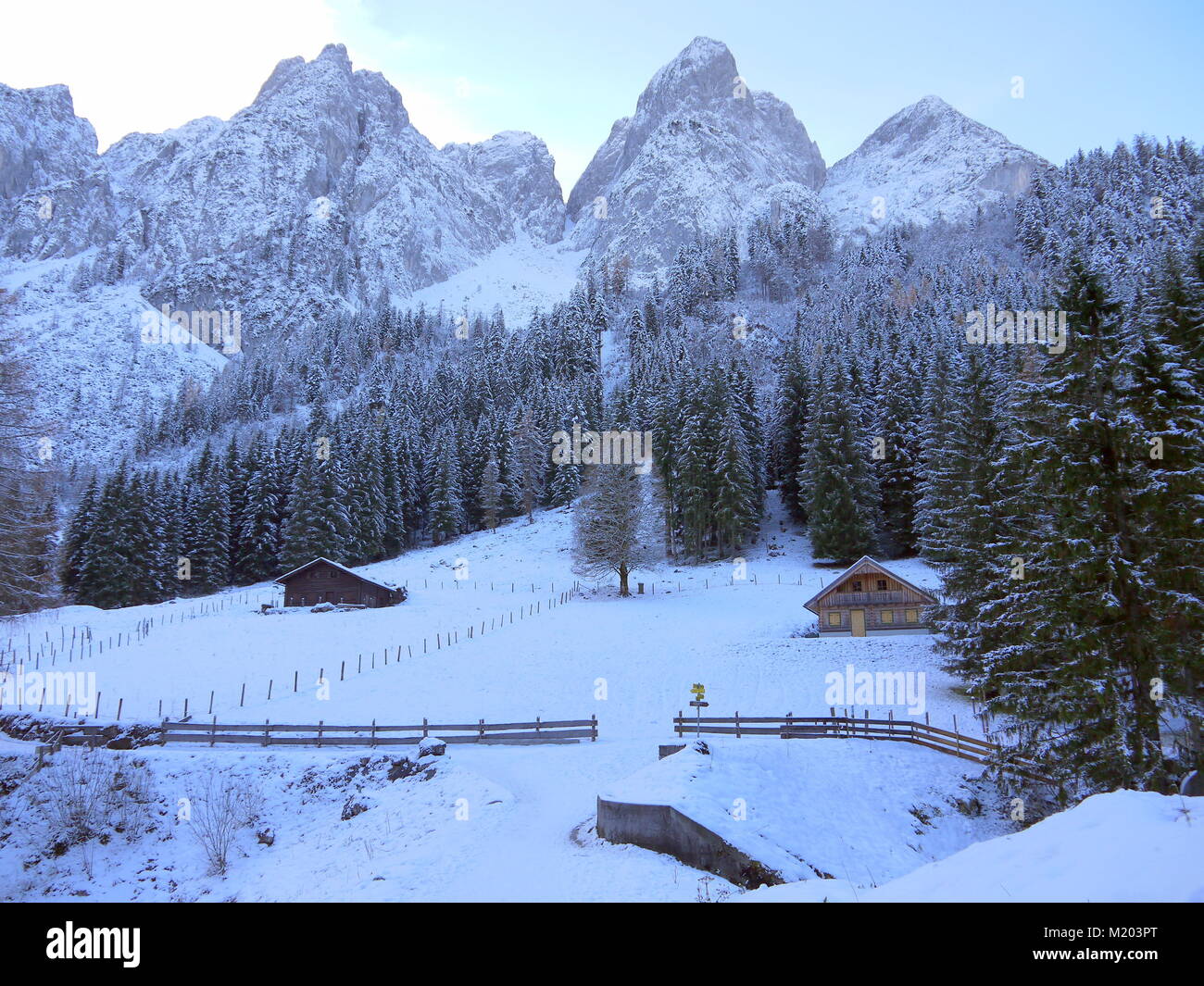 Wonderful winter landscape with view of mountains, forest, little huts ...