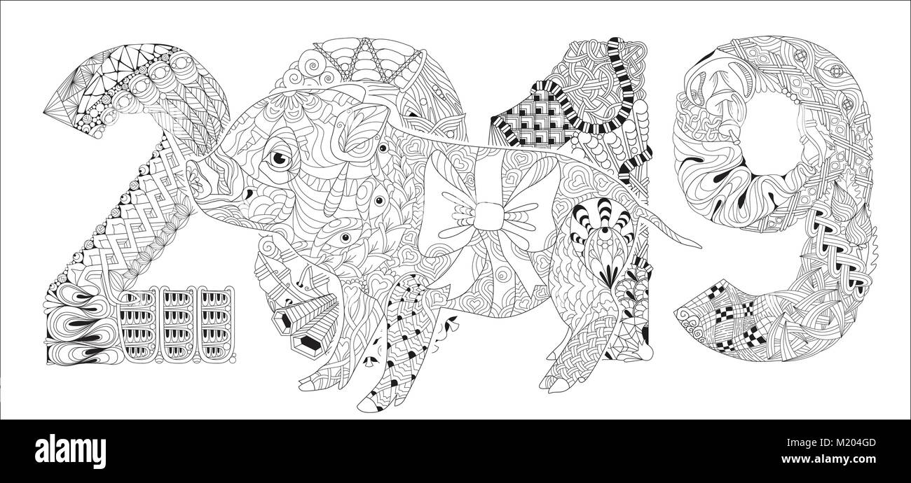 Zentangle illustration with pig and number 2019. Zen tangle or doodle piglet. Coloring book domestic animal. Stock Vector