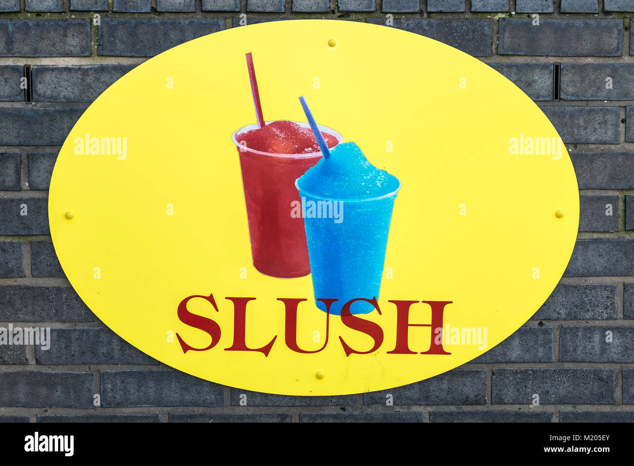 Slush, flavoured Ice refreshment drink cafe wall sign Stock Photo