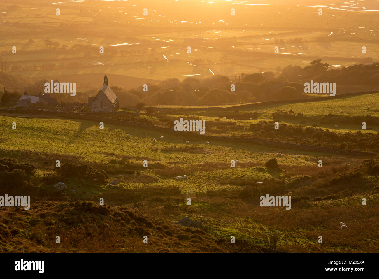 St Tecwyn's church bathed in golden sunlight. View of the Dwyryd estuary near Harlech in North Wales. Stock Photo