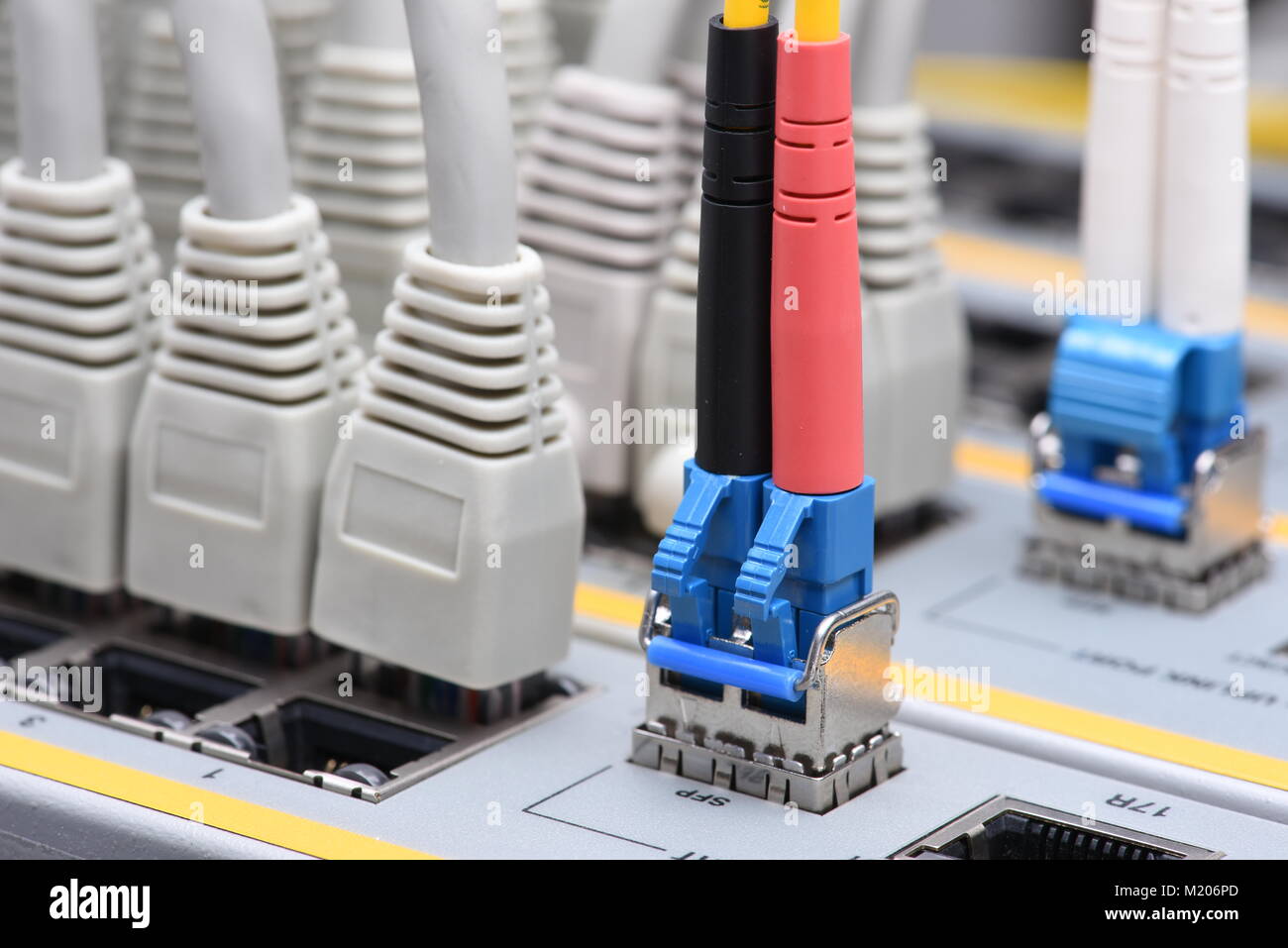 Optic fiber and network cables connected to switch in data center, internet network technology Stock Photo
