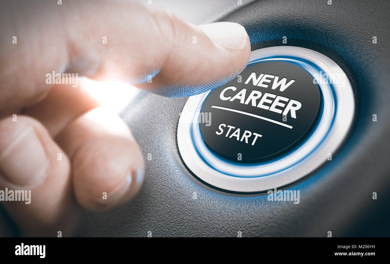 Finger pressing a new career start button. Concept of occupational or professional retraining or job opportunities. Composite between a hand photograp Stock Photo