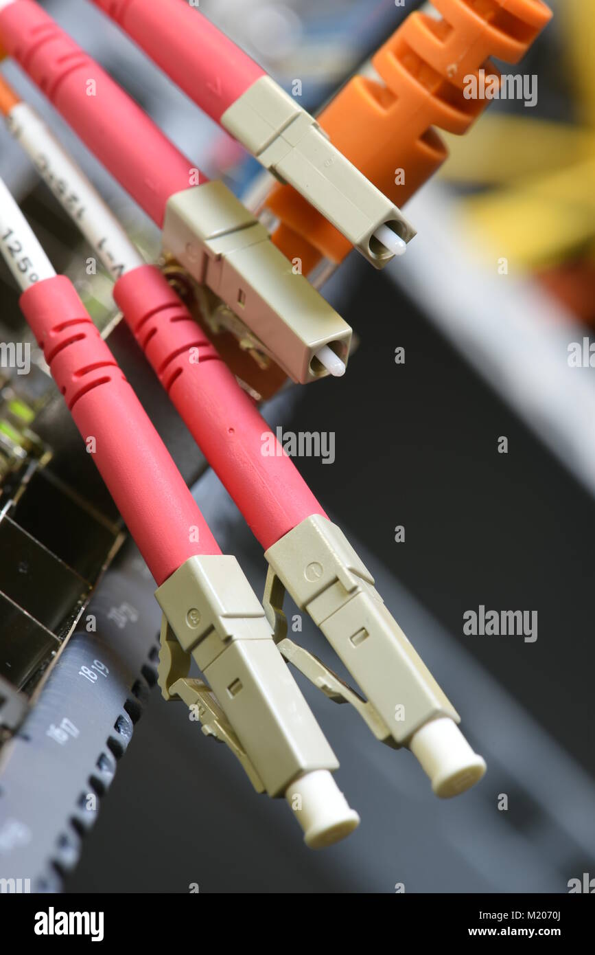 Optic fiber cable with connector closeup Stock Photo