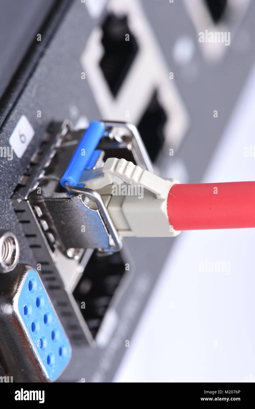 Fiber optic cable connected to switch Stock Photo