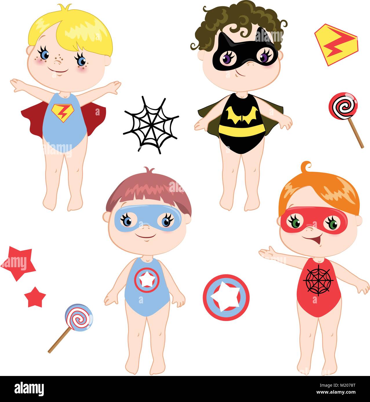 Kids wearing colorful costumes of different superheroes retro set, isolated on white background cartoon vector illustration Stock Vector