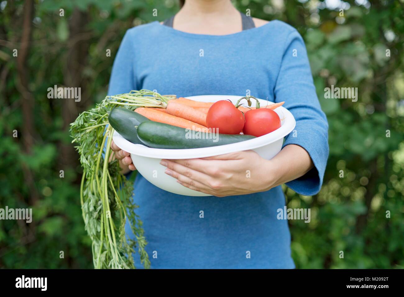 Woman holding bowl with fresh vegetables. Stock Photo