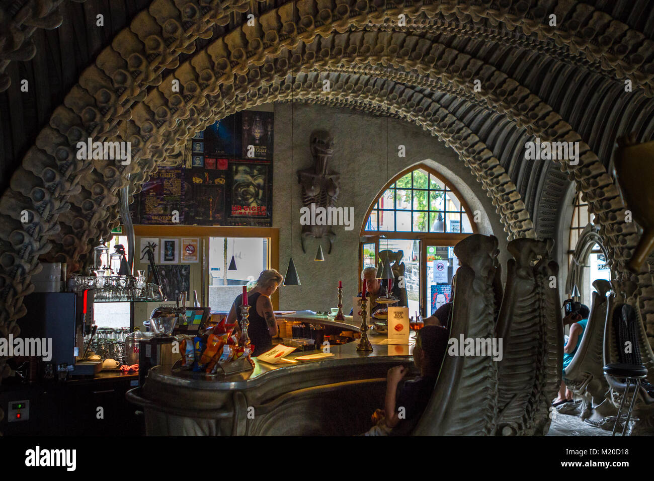 View of the interior of the HR Giger Bar in the small Castle Village of Gruyeres. This artist