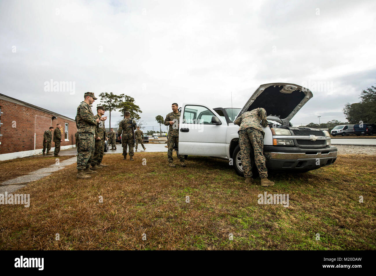 U.S. Marines and with Battalion Landing Team, 2nd Battalion, 6th Marine Regiment, 26th Marine Expeditionary Unit (MEU), participate in vehicle-borne improvised explosive device (VBIED) training on Camp Lejeune, N.C., Jan. 11, 2018. The two-day course was held to educate Marines on the proper procedures of inspecting vehicles and civilians for potential threats while also giving them the opportunity to practice techniques in preparation for the upcoming deployment. (U.S. Marine Corps Stock Photo