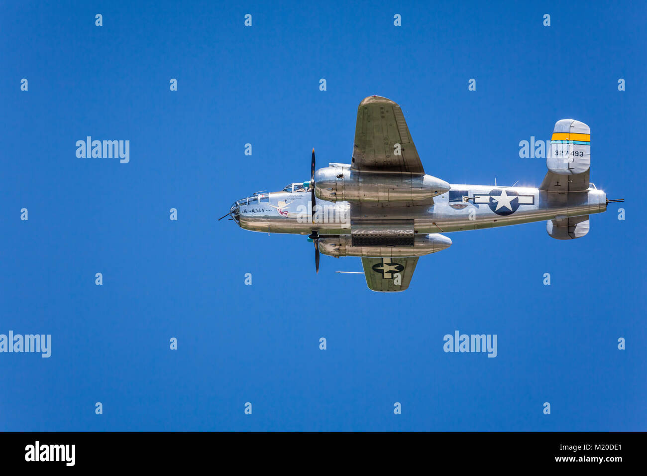 The Boeing B-25J Miss Mitchell vintage bomber in flight at the 2017 Airshow in Duluth, Minnesota, USA. Stock Photo