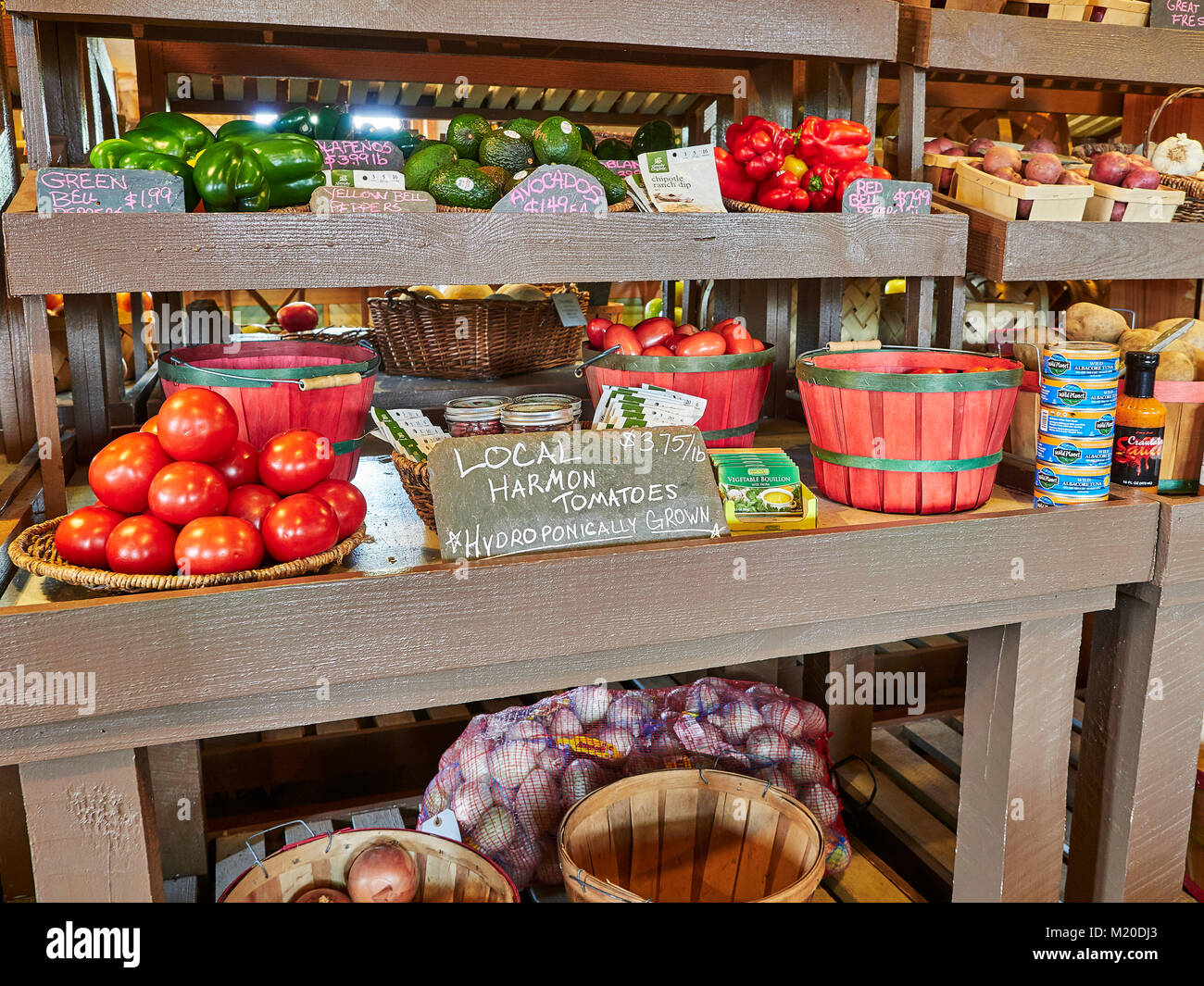 Display shelves in local fresh produce specialty market with hydroponically grown Harmon tomatoes and other fruits and vegetables in Auburn Alabama. Stock Photo
