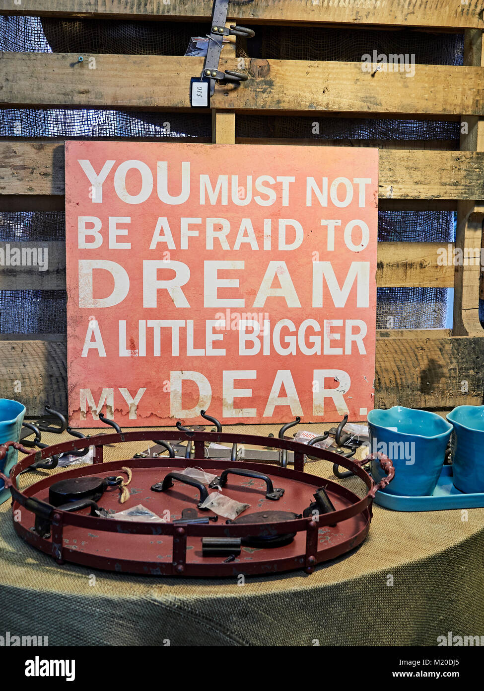 Motivational sign on store shelf saying you must not be afraid to dream a little bigger my dear, in Auburn Alabama, United States. Stock Photo