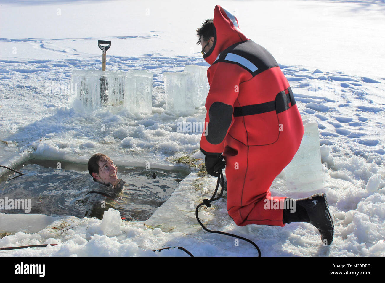 A Soldier participates in cold-water immersion training at an ice ...