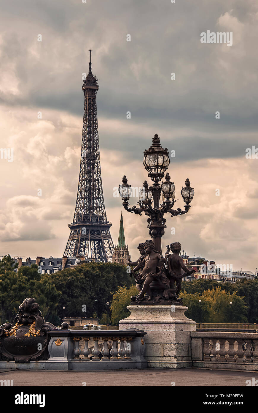 Eiffel tower viewed from Alexandre III bridge in Paris Stock Photo