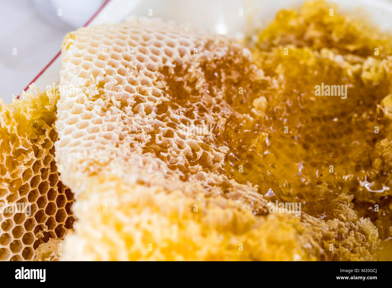 Natural Honeycomb with honey, macro, closeup, full frame. Comb honey, beeswax cells, unprocessed, golden yellow. Stock Photo