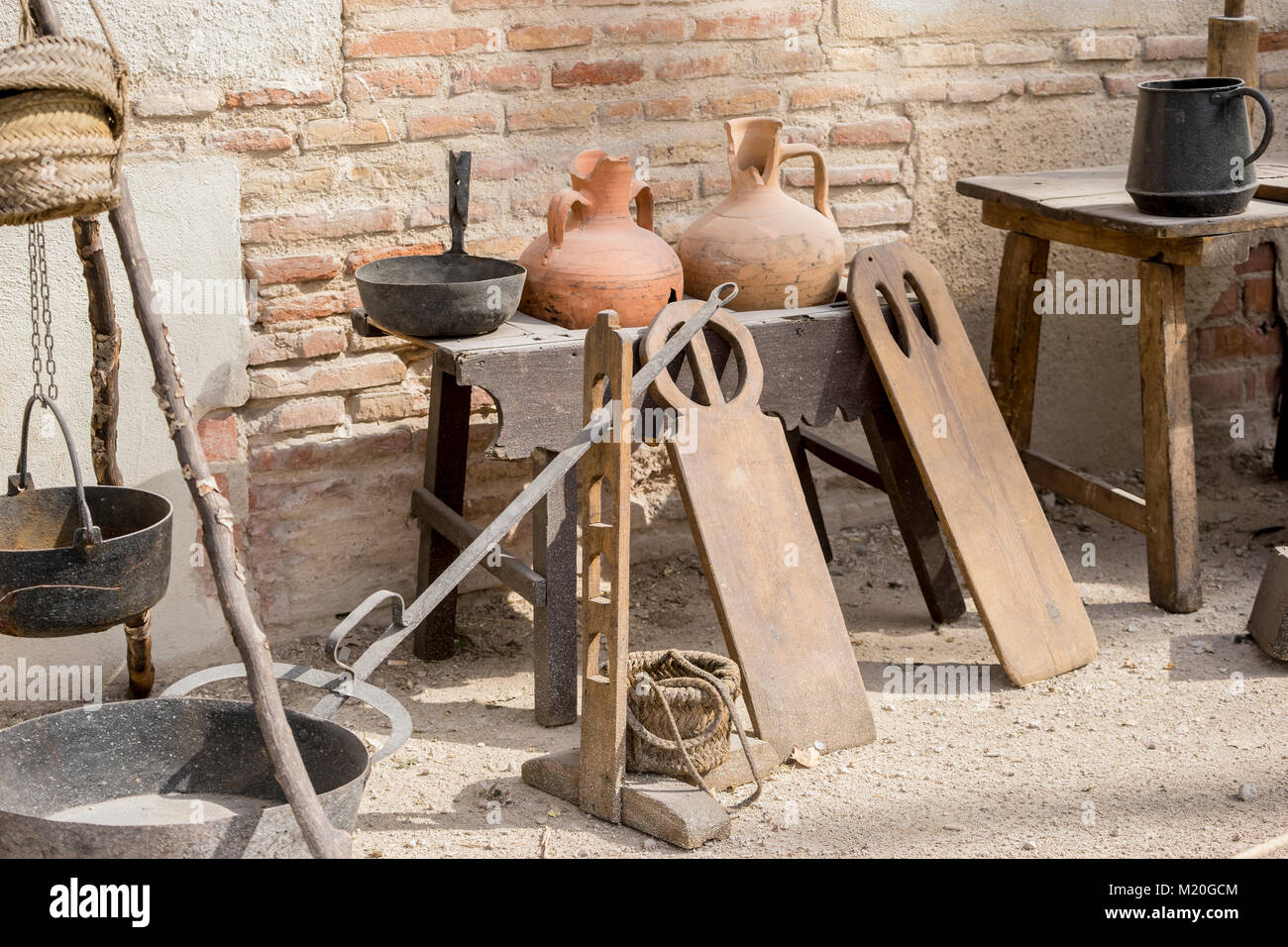tools and utensils of medieval agriculture, ancient European farming instruments Stock Photo