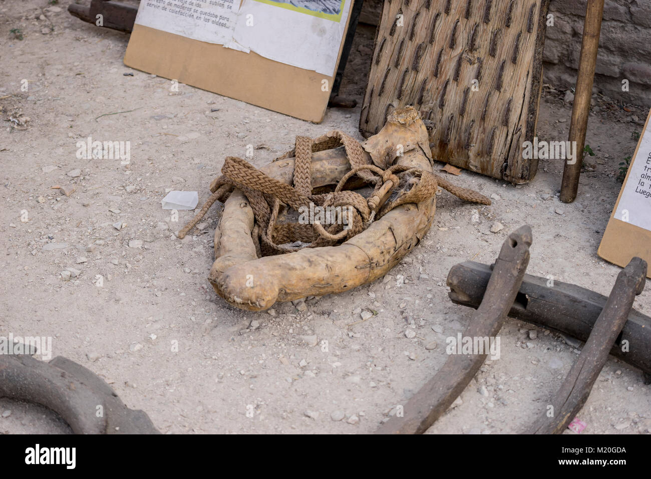 yoke tools and utensils of medieval agriculture, ancient European farming instruments Stock Photo