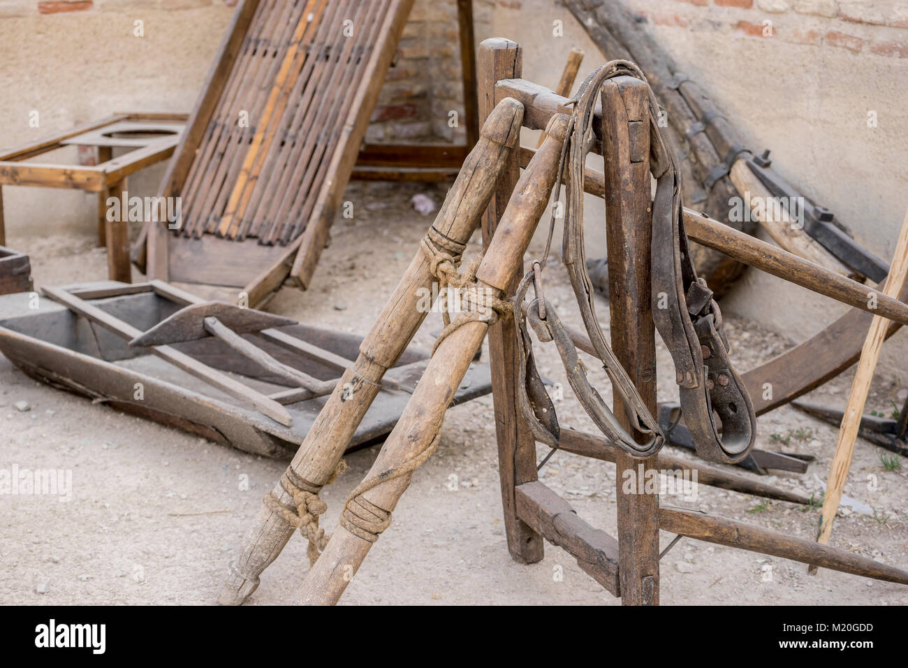 tools and utensils of medieval agriculture, ancient European farming instruments Stock Photo