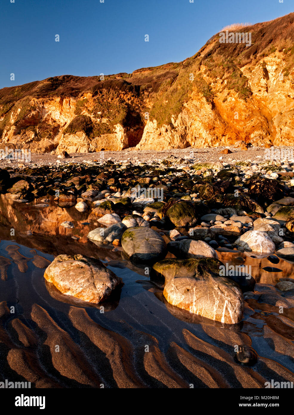 Golden cliffs and sand at Church Bay, Anglesey, Wales in summer sunshine under blue skies Stock Photo