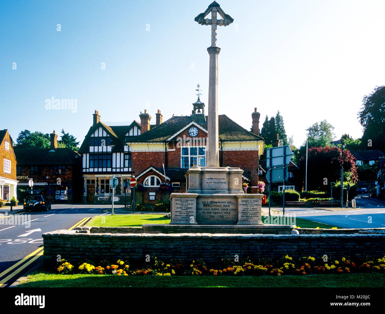 Haslemere Surrey England UK town centre with war memorial erected 1921 designed by Inigo Triggs Stock Photo